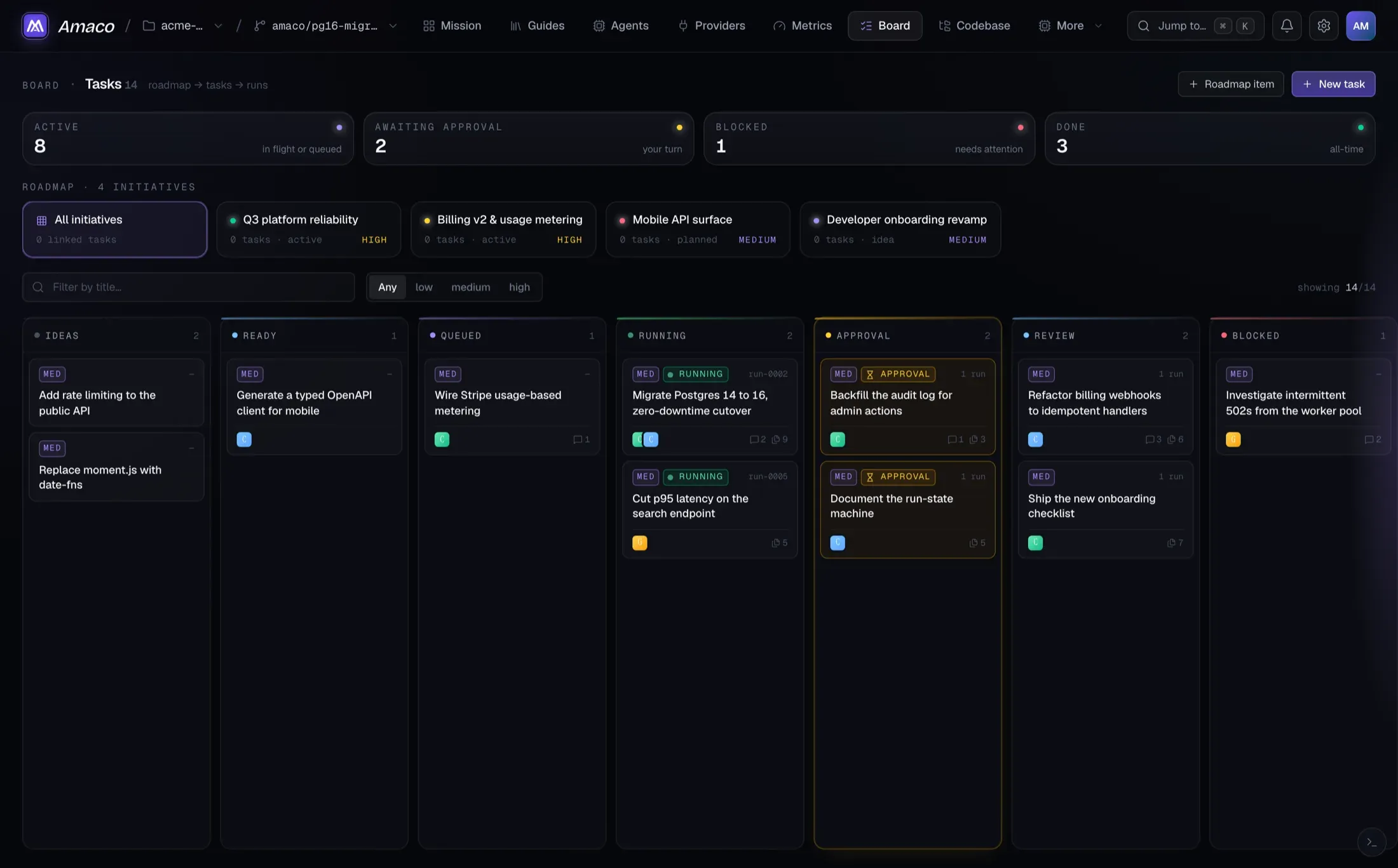 The Vibestrate board: a kanban of tasks across ideas, ready, queued, running, approval, review and done.