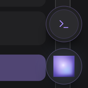 The bottom right corner of the dashboard. Two round controls stack there: a terminal button showing a prompt caret, and below it the Consult orb, a glowing violet square inside a circle.