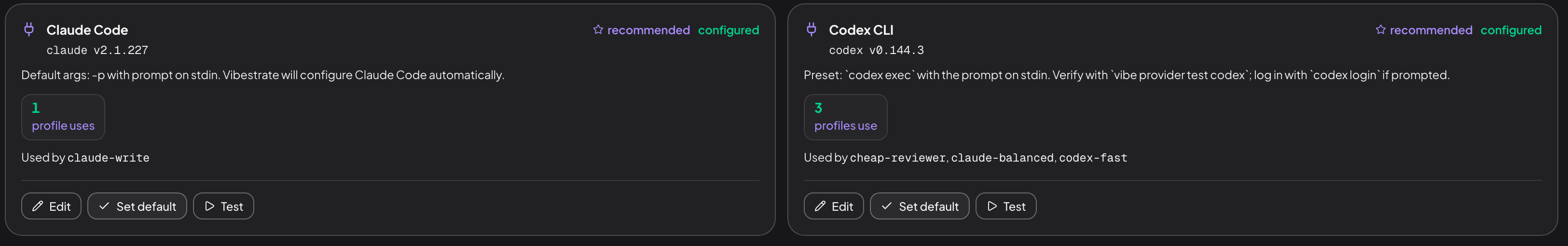 Two provider cards. Claude Code, claude v2.1.227, marked recommended and configured, showing 1 profile uses and used by claude-write, with Edit, Set default and Test buttons. Codex CLI, codex v0.144.3, also recommended and configured, showing 3 profiles use and used by cheap-reviewer, claude-balanced and codex-fast.