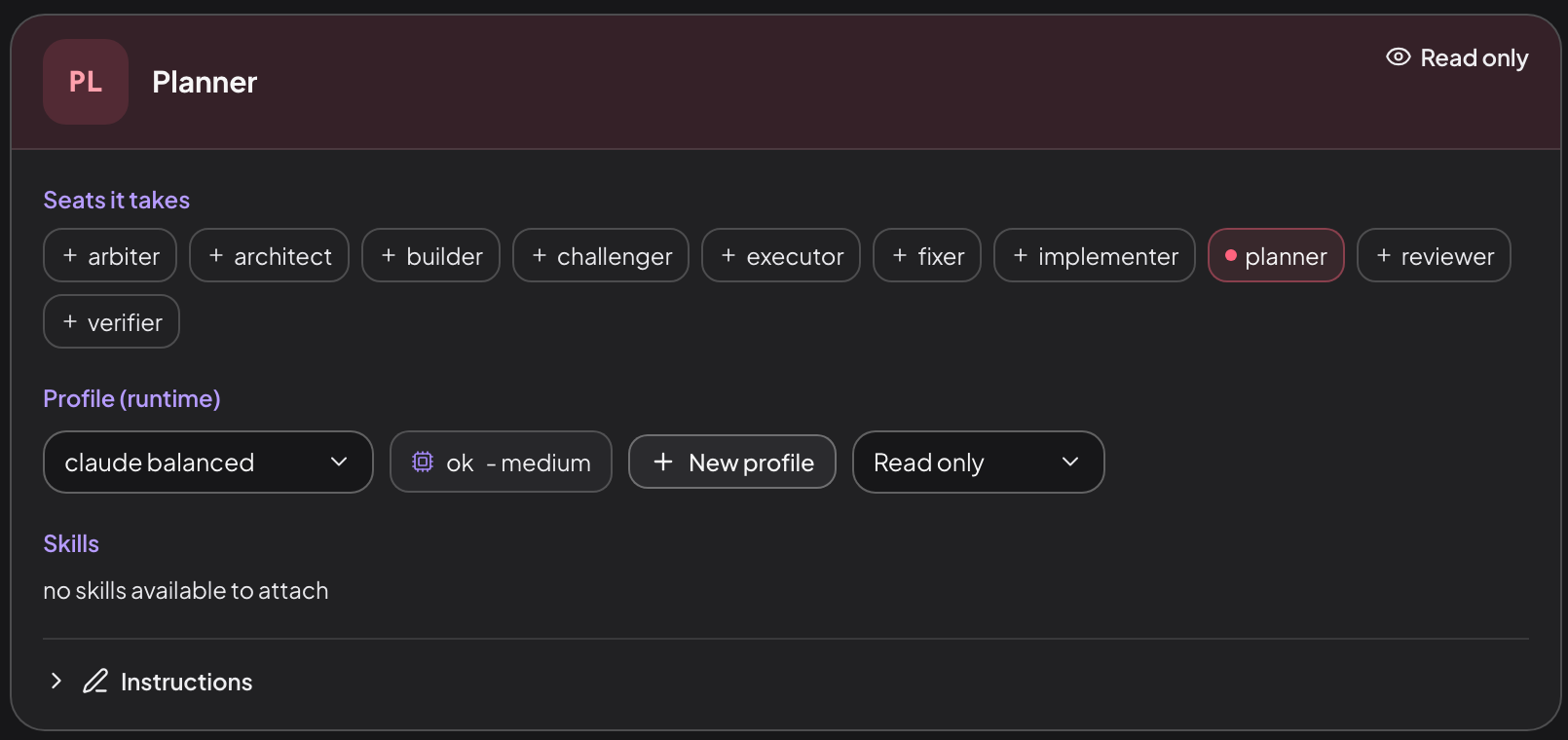A role card for Planner. A Seats it takes row lists ten chips with planner highlighted. A Profile runtime row reads claude balanced, ok medium, with New profile and Read only controls. Below that, empty Skills and a collapsed Instructions section.